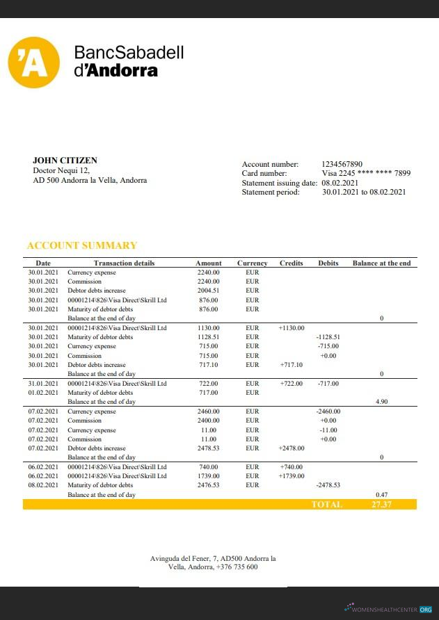 Download Andorra BancSabadell d'Andorra bank statement Photoshop template